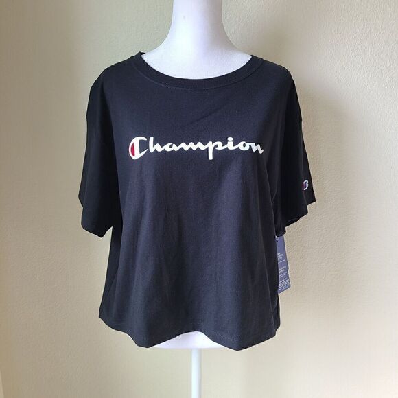 Champion Women Embroidered T-Shirt Tee Shirt Medium New NWT Black Cropped - Picture 2 of 10